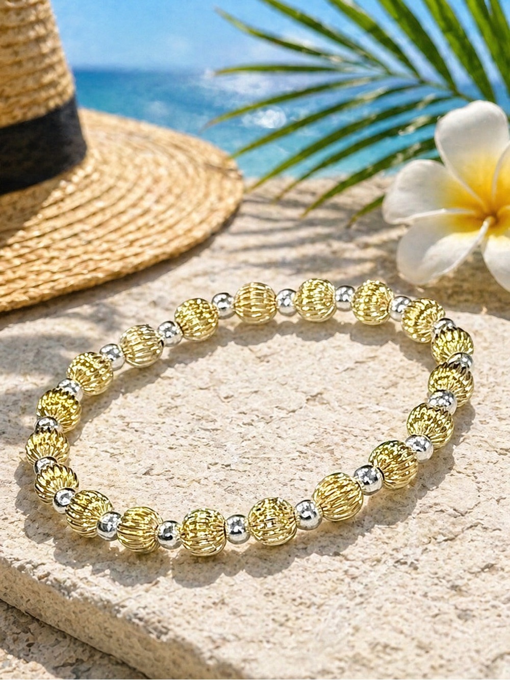 Lux 14K Gold Etched Beaded Bracelet 6 3/4”